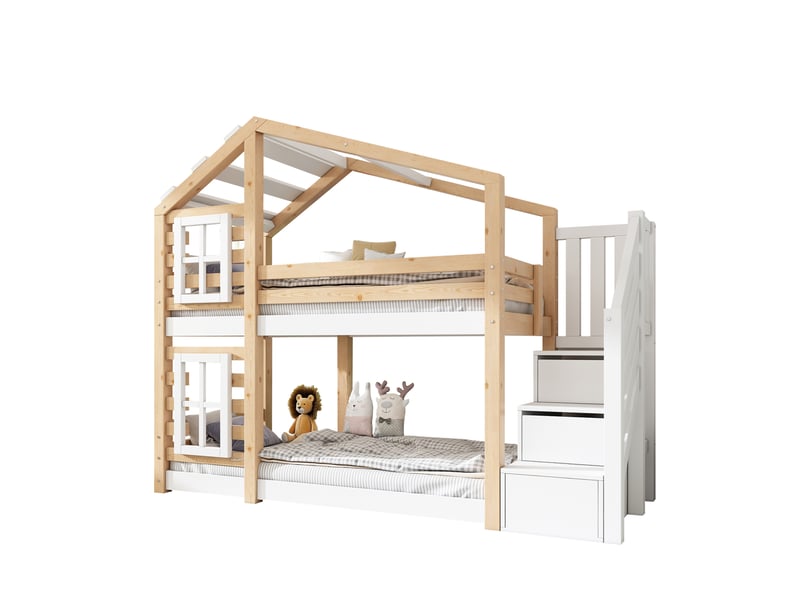  Modenvie lit superposé enfant cabane 90x200 cm - avec rangement intégré, sans matelas - blanc et naturel  - Conforama A