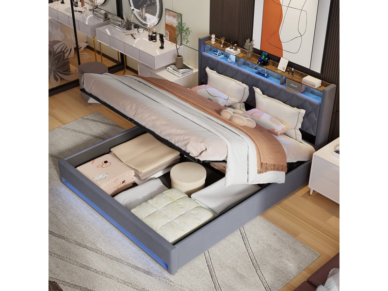 Lit double rembourré 180x200 cm avec port usb, led,gris  - Conforama E