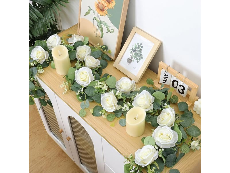  Guirlande fleurs artificielles faux rosier eucalyptus plante artificielle de fleur fausse plantes suspendues pour 2 pièces 1.8m  - Conforama E