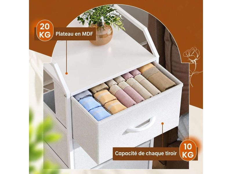  Chiffonnier meuble 43x30x98 cm quatre tiroirs tissu blanc et structure metal moderne  - Conforama D