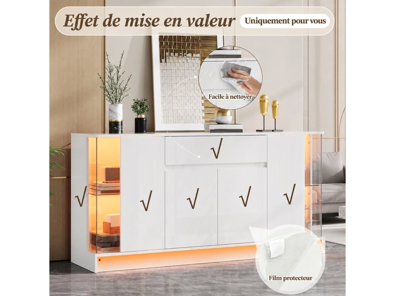  Buffet blanc avec deux vitrines en verre, éclairage led intégré, largeur 150 cm  - Conforama E