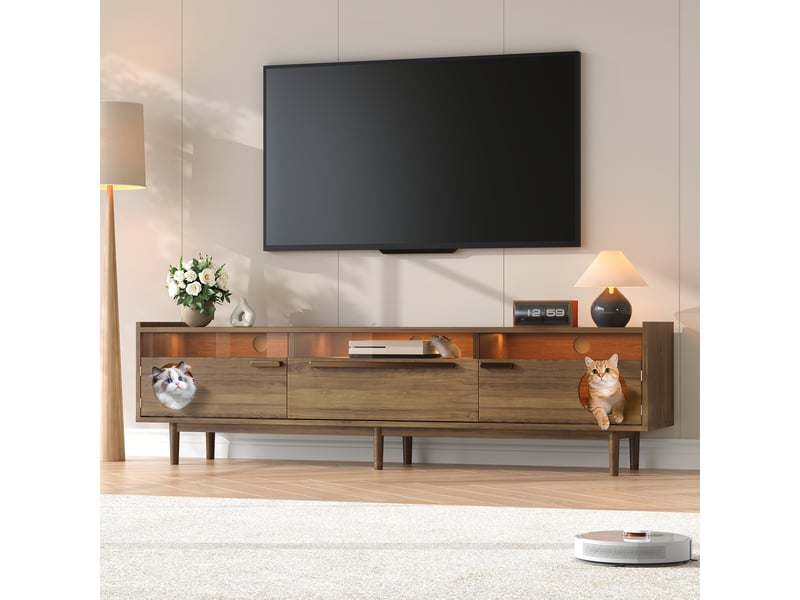  Meuble tv 180x40x50 cm avec éclairage led, niche intégrée et portes en verre trempé, mdf, finition noyer  - Conforama W