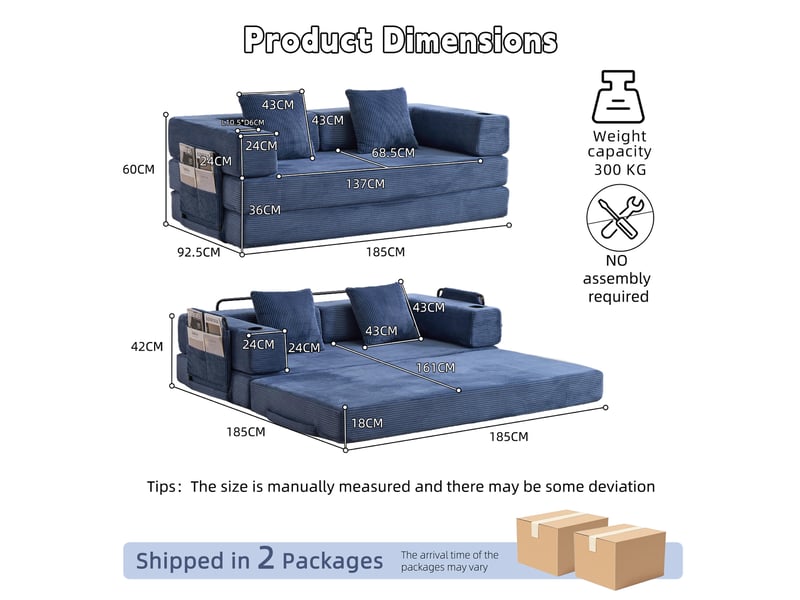 Canapé de sol convertible 185x92,5x60 cm 2 places pliable en velours côtelé bleu foncé - Conforama C