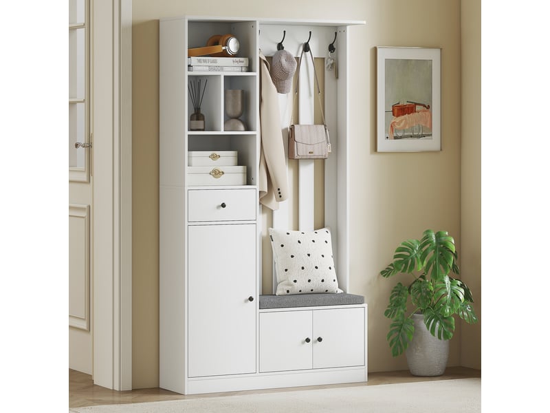 Portant à vêtements de 180 cm avec banc à chaussures, solution 4 en 1 avec étagère réglable, 4 crochets et compartiments ouverts, pour salon ou entrée, blanc - Conforama D
