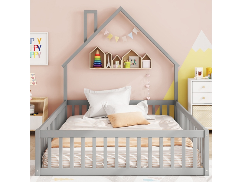  Lit enfant 140 × 190 cm 2 places avec barrière de sécurité et forme cheminée, sans matelas, en pin, gris  - Conforama C
