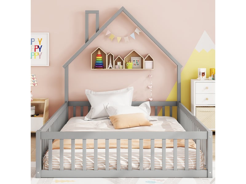  Lit enfant 140 × 190 cm 2 places avec barrière de sécurité et forme cheminée, sans matelas, en pin, gris  - Conforama C