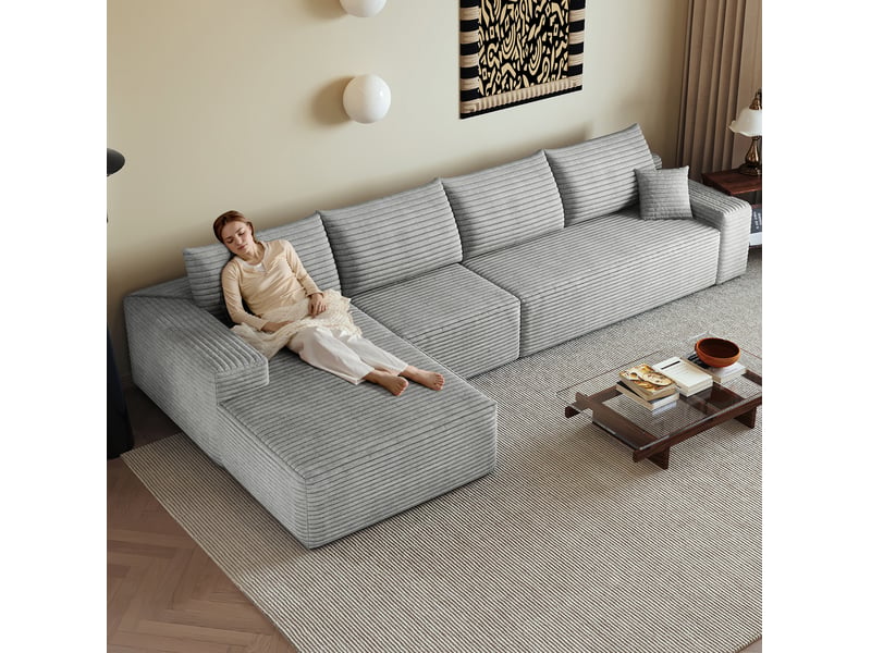  Canapé d’angle modulable 4 places avec méridienne en l gris en velours côtelé, 340 x 175 cm  - Conforama D