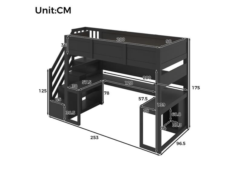 Lit mezzanine 90x200 cm noir avec bureau, escalier de rangement, led et usb - Conforama C