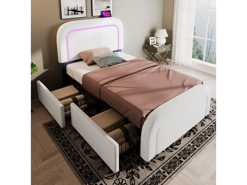  Lit avec tiroirs, lit simple 90x200 cm en tissu effet sherpa blanc, 2 tiroirs, usb, type-c et led, sans matelas  - Conforama C