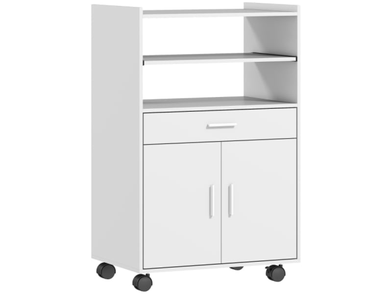 Meuble micro-ondes blanc, étagère, 2 portes, tiroir et roulettes, rangement cuisine mobile moderne - Conforama A