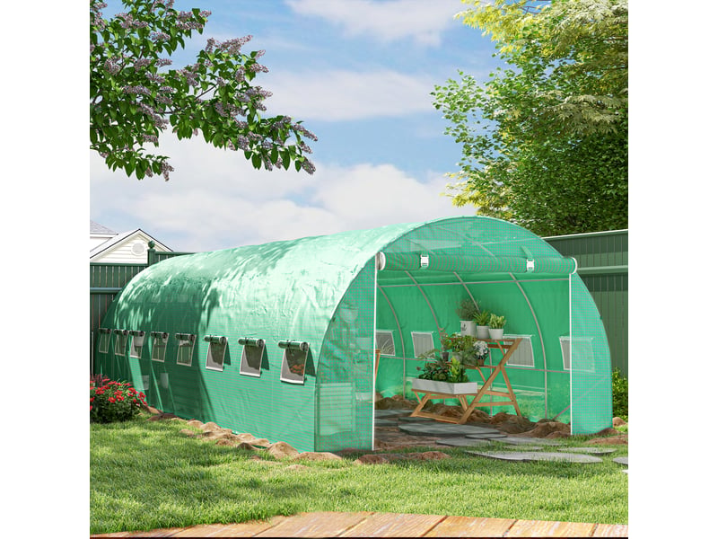  Serre de jardin tunnel 24m² 8l x 3l x 2h m - 16 fenêtres, porte zippée enroulable acier galvanisé, bâche pe, vert  - Conforama C