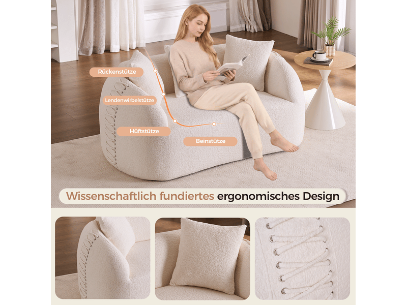  Canapé droit moderne 2 places 155x90x67 cm compressé incurvé, pour le salon, en mousse et tissu chenille, blanc crème  - Conforama D