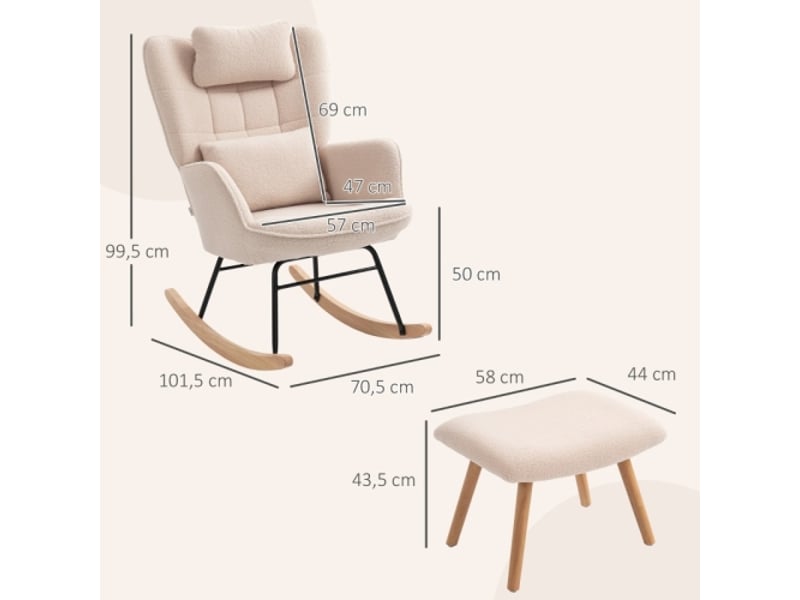  Fauteuil à bascule beige avec repose-pieds, tissu polaire doux, coussin et dossier haut  - Conforama C