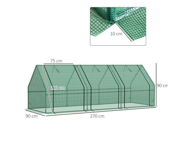  Serre de jardin 270x90x90 cm – verte – film pe anti-uv 140 gm², structure acier et fenêtres zippées  - Conforama C