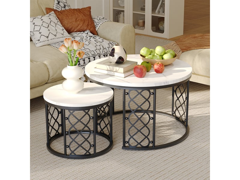  Tcqpz table basse 2 pièces 70x70 cm et 45x45 cm plateau effet marbre structure métal  - Conforama B
