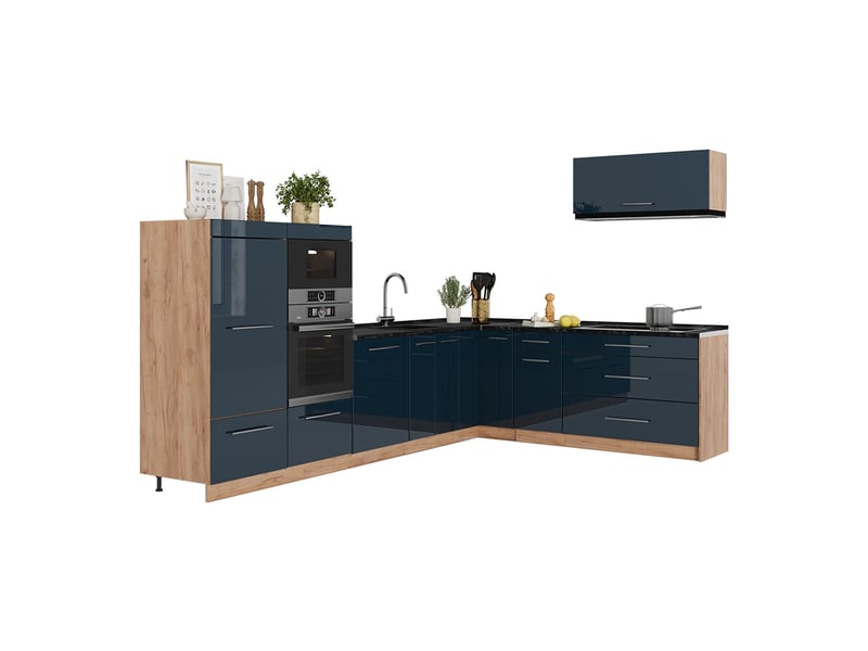  Vicco cuisine en angle, bleu foncé brillantchêne de force doré, 327 x cm, pt marbre  - Conforama E