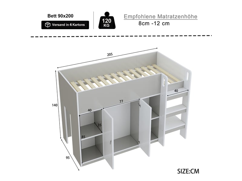 Lit mezzanine gris 90x200 cm avec armoire et étagères – rangements intégrés  - Conforama C