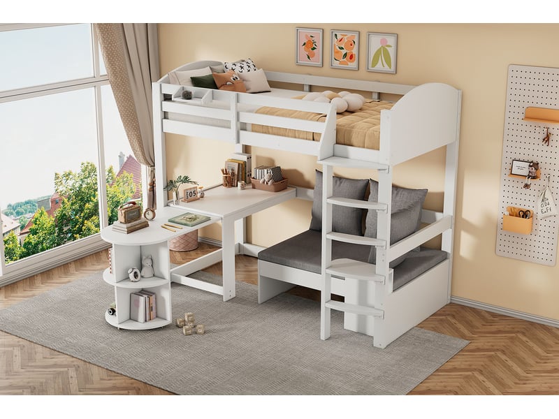  Lit mezzanine enfant 90x200 bois massif blanc avec bureau escamotable canapé et rangement  - Conforama R