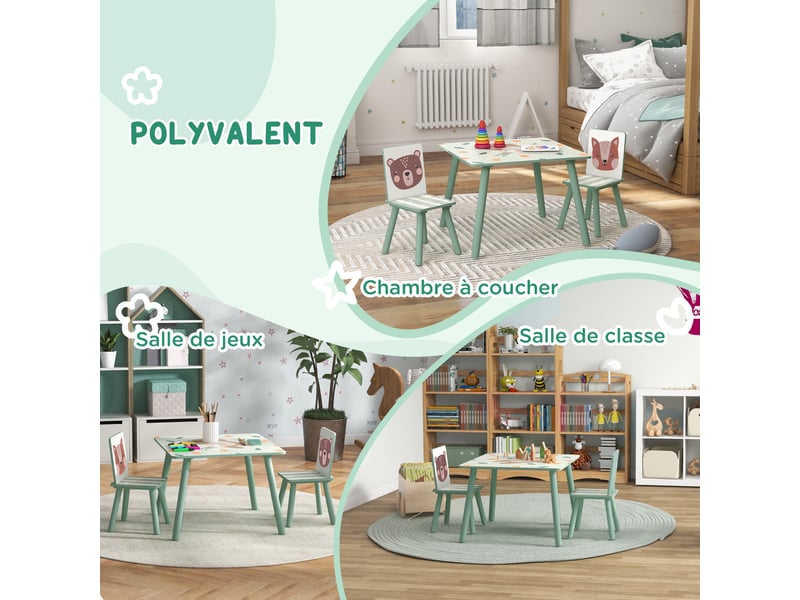  Table et 2 chaises pour enfants 3-8 ans ensemble 3 pièces motif animaux pour chambre à salle coucher de jeux vert  - Conforama R