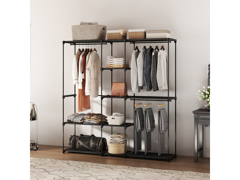  Armoire 182 x 43 x 185 cm, armoire ouverte avec 8 étagères en tissu, tringles à vêtements, structure en métal noir  - Conforama D