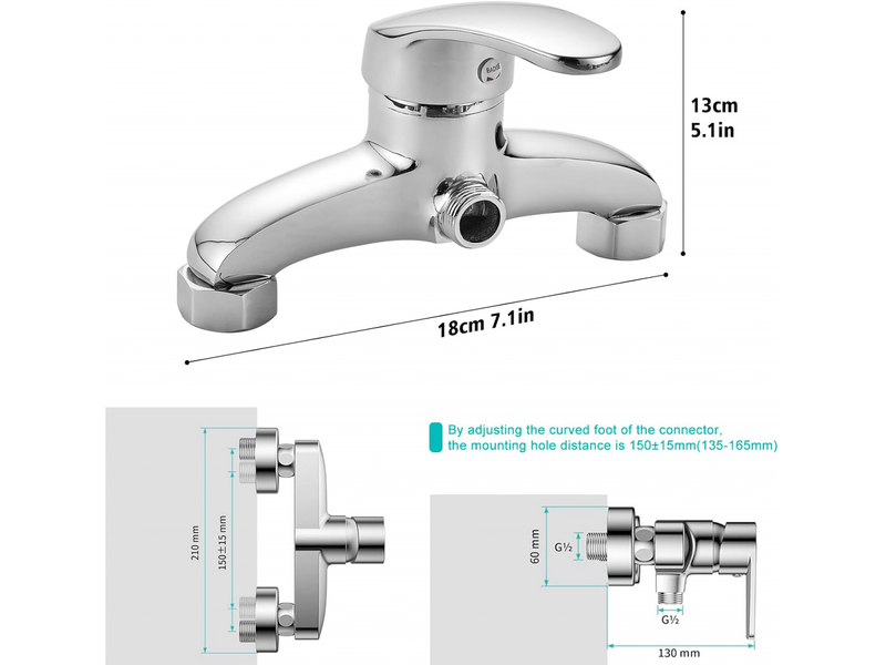  Mitigeur de douche chromé et argenté, robinet de baignoire mural, mitigeur de douche monocommande, contrôle de la température, accessoire  - Conforama B