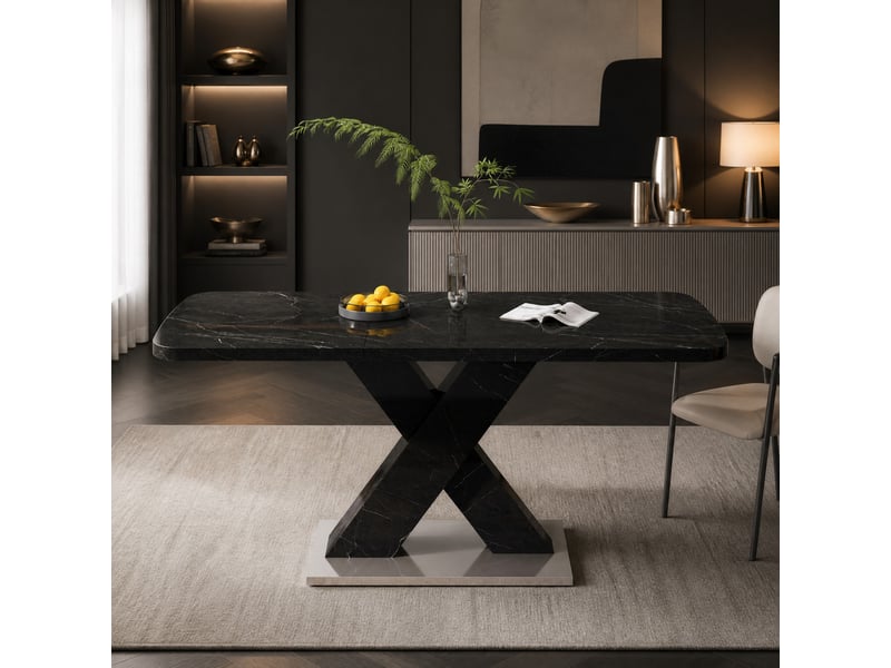 Table de salle à manger extensible avec pied en x, décor marbre noir, en mdf et acier, 120 à 160 × 80 × 76,5 cm - Conforama D