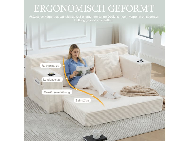  Canapé 3 places en velours côtelé, sans montage, design modulaire, porte-gobelets, rangements latéraux, 172×87×64 cm  - Conforama E