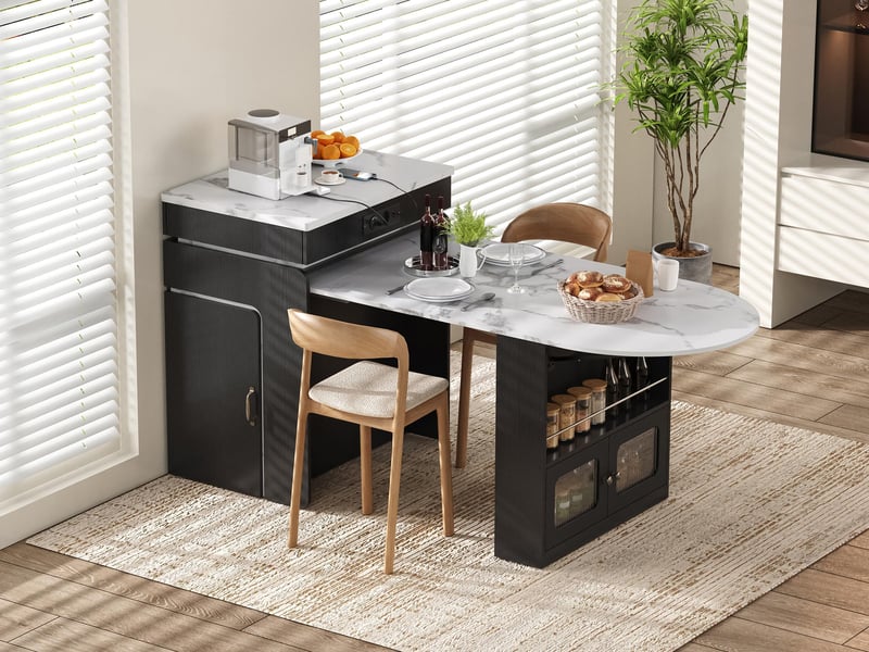  Îlot central cuisine extensible avec table, station de charge &amp; led - meuble de cuisine multifonctionnel en mdf et pb avec rangements  - Conforama D