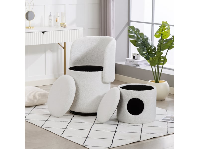 Fauteuil pivotant 360° avec rangement intégré et pouf , assise rembourrée en tissu teddy blanc, 53×50×47 cm - Conforama C