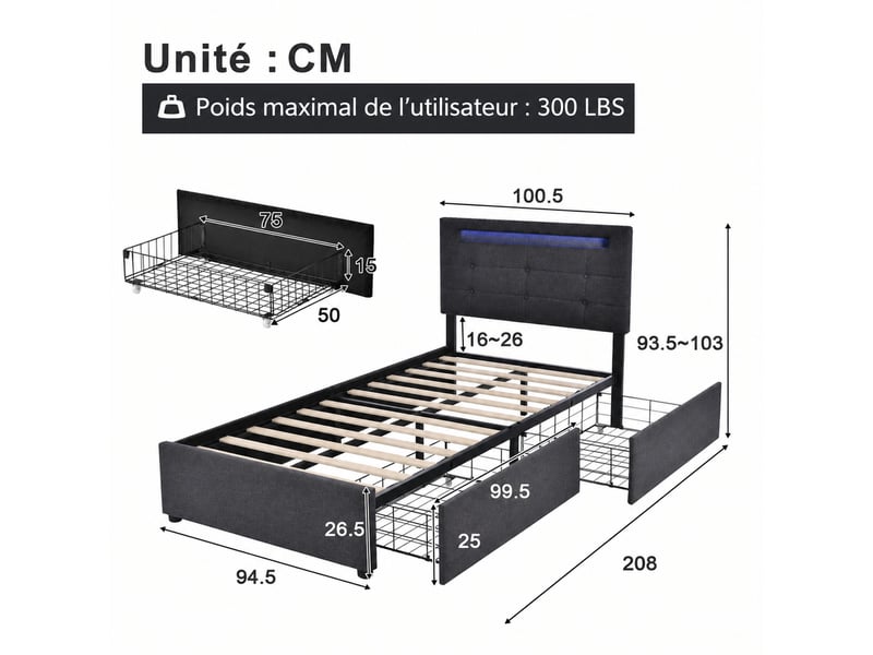  Lit avec tiroirs 1 place 90x200 cm en lin, 2 tiroirs, éclairage led et tête réglable, matelas inclus, gris  - Conforama D