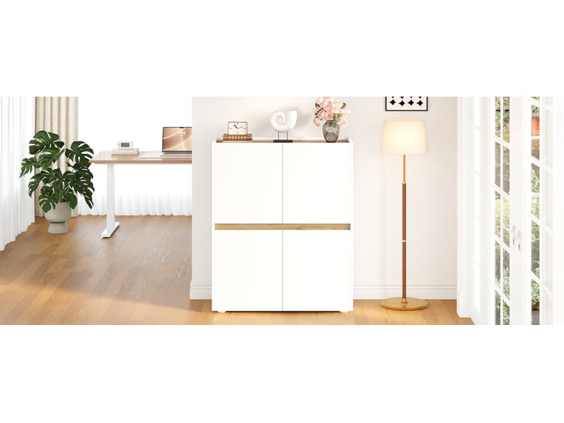 Meuble de rangement avec 4 portes et 8 niches, étagères réglables, pour bureau et salon, blanc et chêne clair - Conforama D