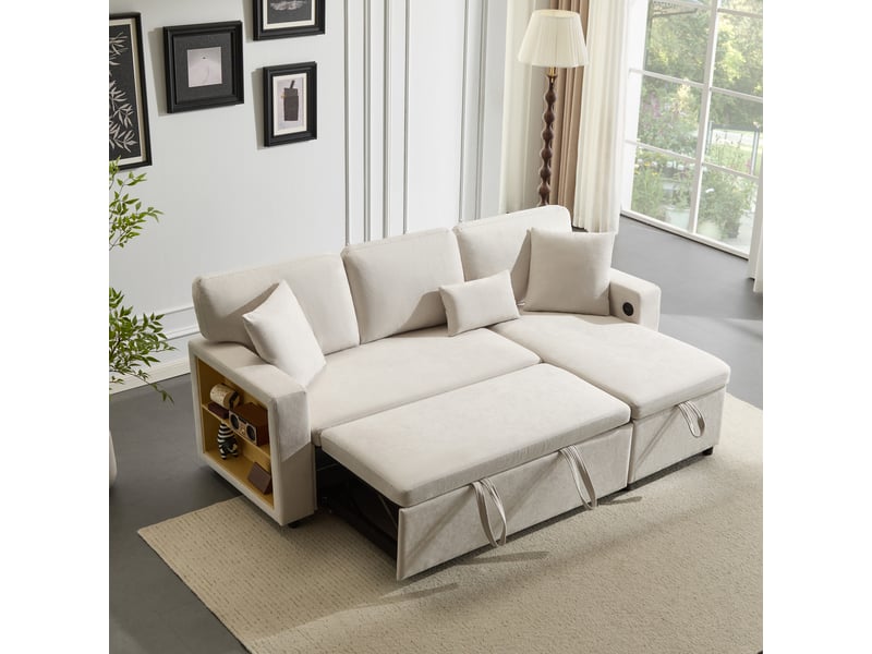  Canapé d'angle convertible 4 places 214x131x87 cm, rangement et port usb, flanelle beige  - Conforama B