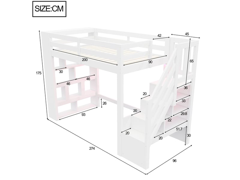  Lit mezzanine 90x200 cm avec rangements et éclairage led en bois couleur blanc sans matelas  - Conforama C