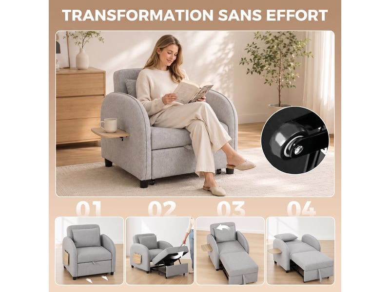  Fauteuil convertible 1 place, fauteuil-lit clic-clac 3 en 1, tablette latérale rabattable, dossier réglable, gris  - Conforama D