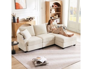 Canapé d'angle 3 places en velours côtelé beige avec pouf, porte-gobelets et usb