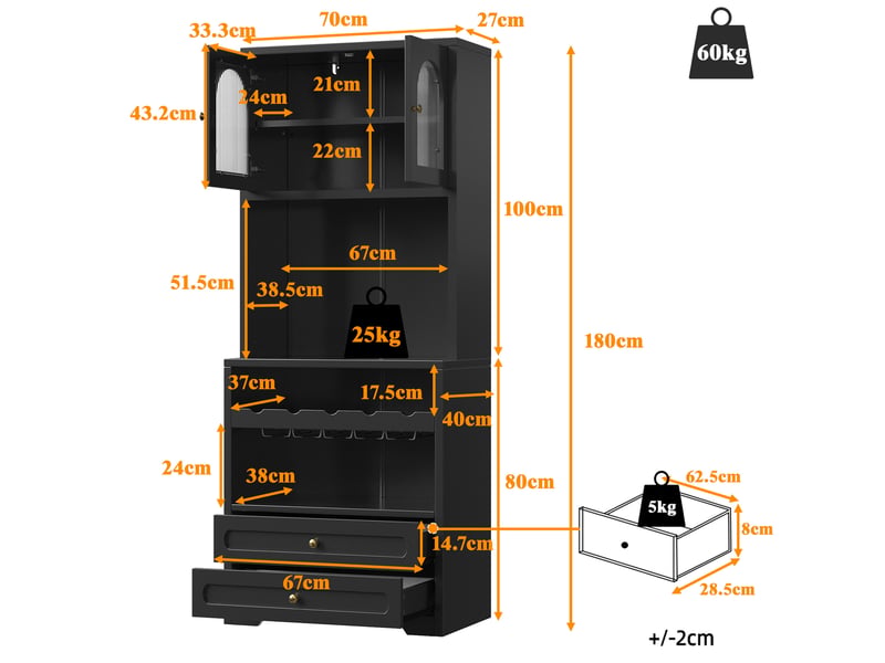Buffet de cuisine haut à led avec étagères réglables, porte-bouteilles et port usb en mdf noir, 70 × 40 × 180 cm - Conforama E