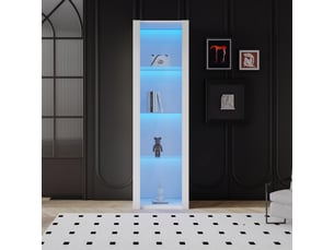 Meuble vitrine 55x38x166 cm blanc laqué avec étagères en verre et bandeau led pour salon