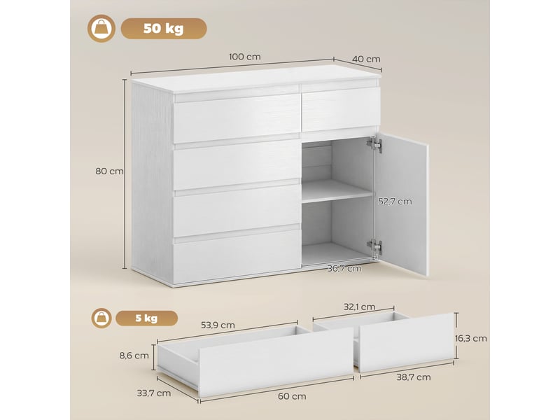 Buffet salon, meuble de rangement avec 5 tiroirs, étagère réglable et porte à fermeture douce, 100 x 40 x 80 cm, blanc  - Conforama E