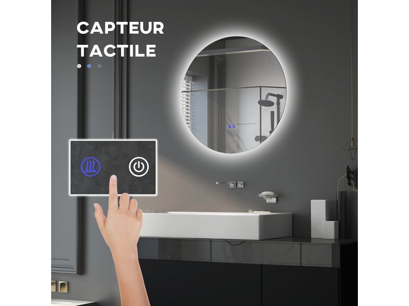  Miroir rond lumineux led de salle de bain ø 60 cm mural avec éclairage interrupteur tactile système antibuée  29 w gris  - Conforama D