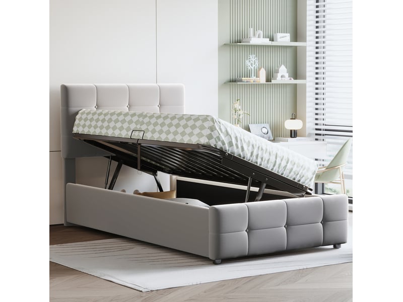  Modenvie lit coffre enfant 90x200 cm - rangement hydraulique, tete de lit reglable - gris  - Conforama E