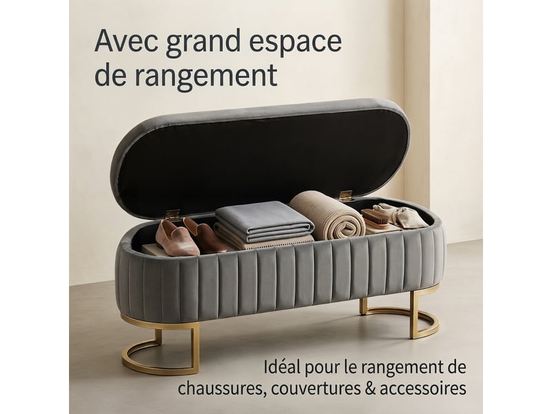  Banc de lit gris clair 130 cm en velours avec coffre et pieds en métal doré  - Conforama D