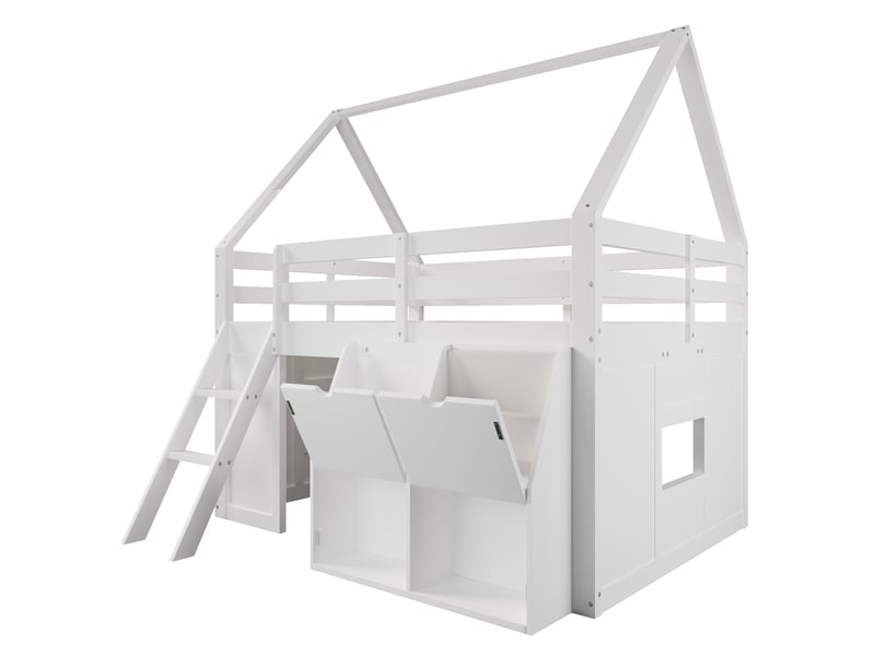  Lit mezzanine maison avec toit, escalier, éclairage led, coffres à couvercle et poches en tissu, blanc  - Conforama A