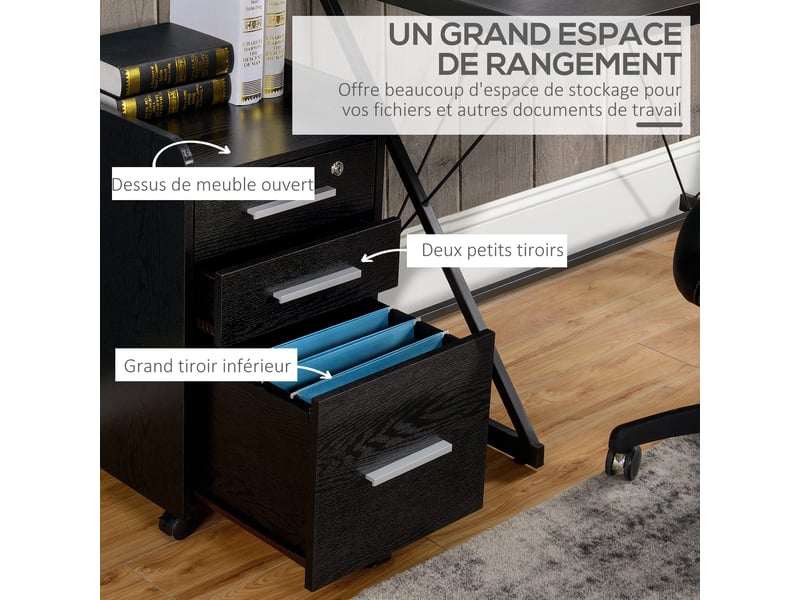  Caisson de bureau rangement bureau sur roulettes 3 tiroirs 1 verrouillable 1 dossiers trieur en bois noir  - Conforama A