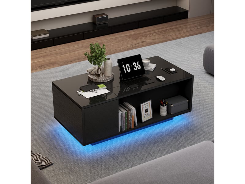 Table basse relevable noire 100x50cm avec rangement caché et led bluetooth - Conforama B