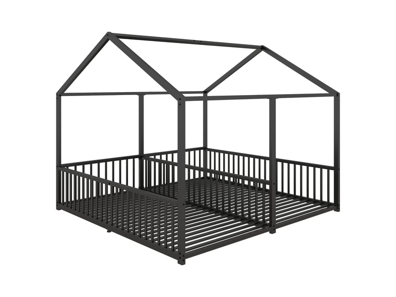 Lit superposé enfant 90x200, lit cabane en métal, lit enfant noir avec échelle et barrière, cadre robuste, sans matelas - Conforama W