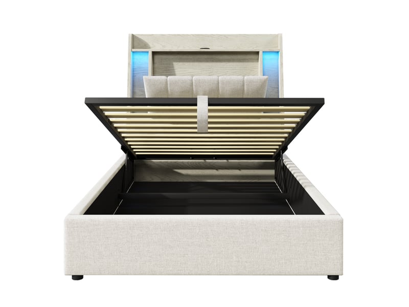 Lit rembourré beige 90x200 cm avec rangement, usb-c et led - Conforama E