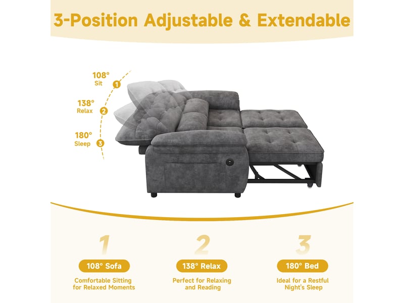  Canapé convertible 2 places 3-en-1 avec poches latérales, dossier réglable 3 pos, usbtype-c, 2 coussins, 142x90x86,5 cm, chenille, gris Morn Vibe - Conforama E