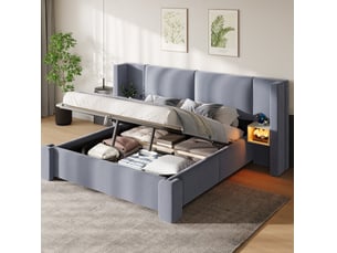 Lit coffre 140 × 200 cm 2 places avec rangement hydraulique, led réglable et tables de chevet, sans matelas, en lin gris