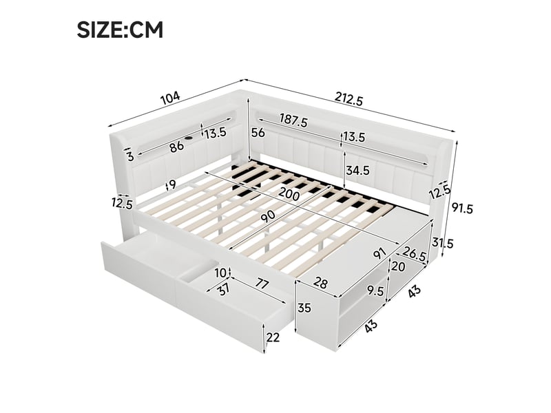  Lit simple 90x200 cm éclairage led et port usb en mdf, contreplaqué et lin blanc  - Conforama E