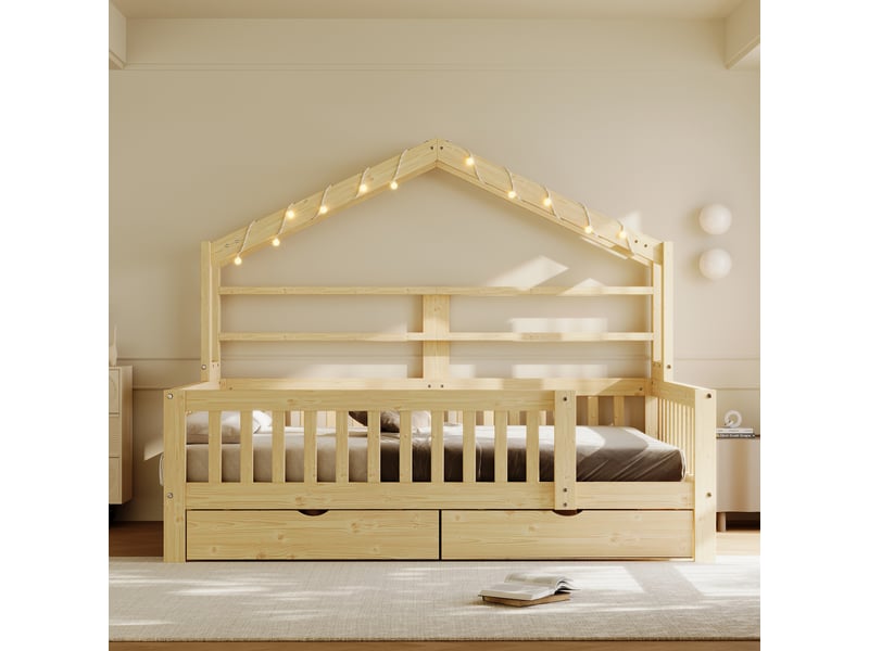 Lit cabane 140x200cm pour enfant avec toit, led, 2 tiroirs de rangement, barrières de sécurité, mdf et pin - naturel  - Conforama D